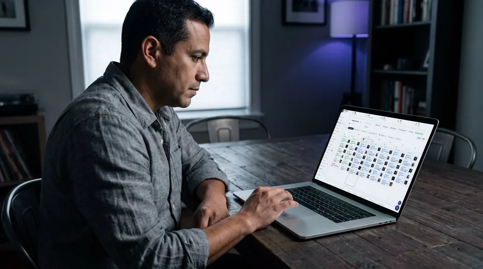 A laptop displaying a weekly content calendar with scheduled posts.