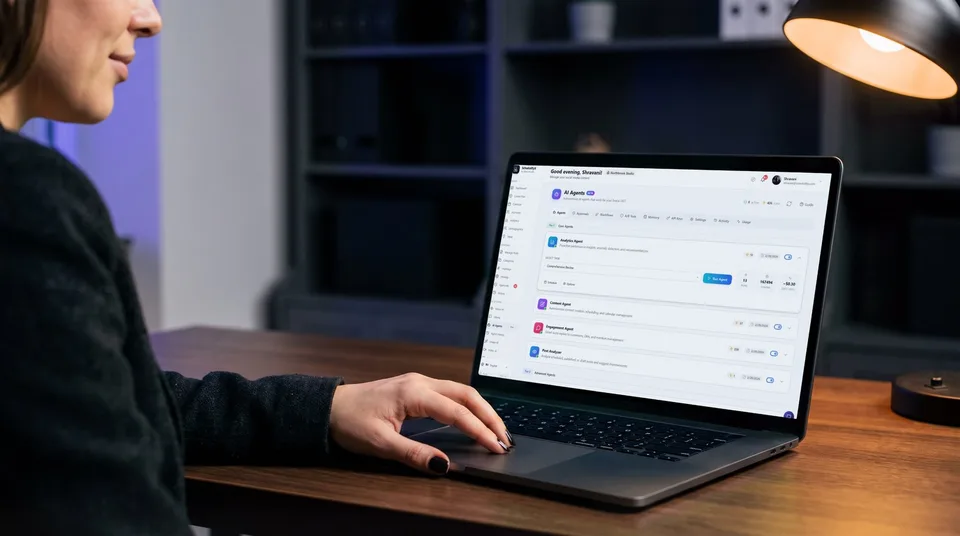 A laptop screen displaying SchedulifyX's AI agents list with run buttons and schedules, sitting on a dark walnut desk.