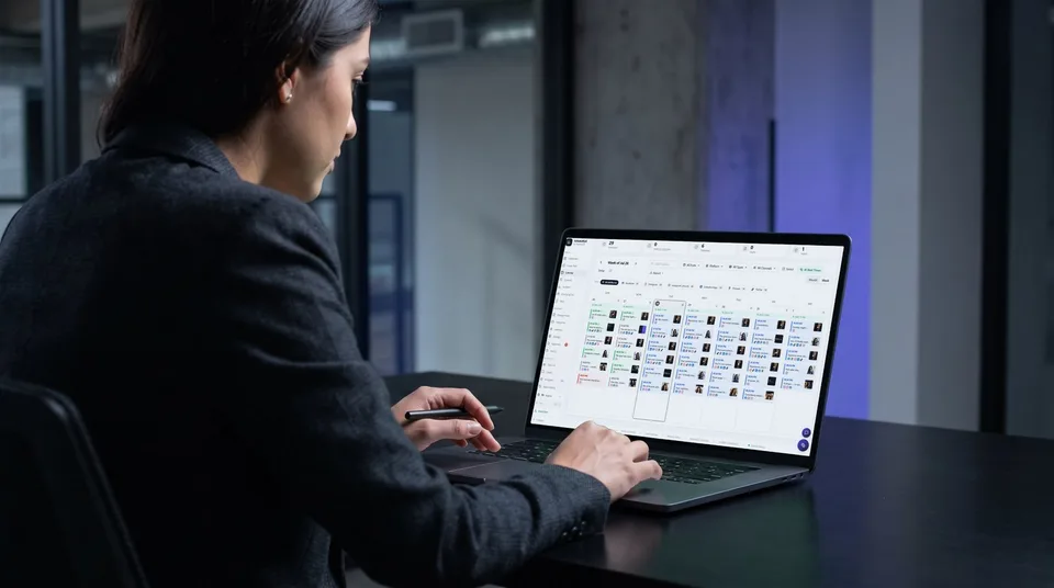 A Latina marketing manager in a dark blazer reviews a content calendar on a laptop in a sleek agency office.