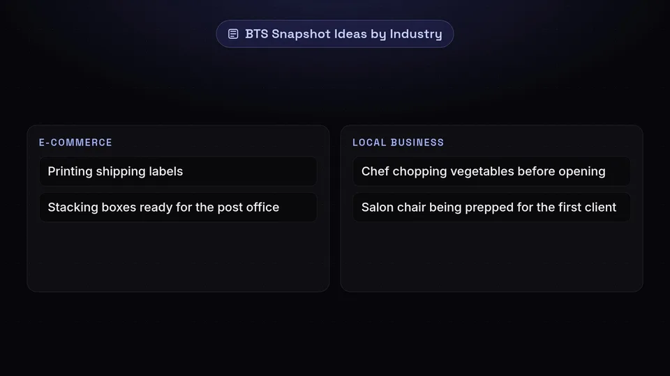 A list of behind-the-scenes Instagram story examples for e-commerce, B2B, and local businesses.