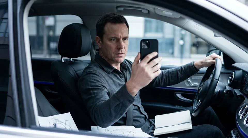 A male CEO sitting in his car, recording a direct-to-camera video on his smartphone.