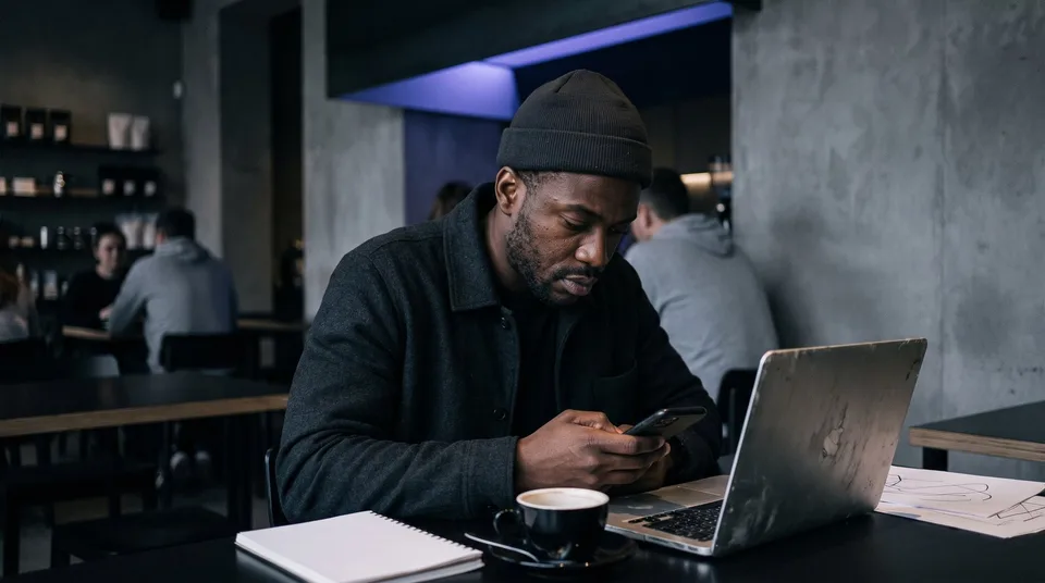 A man focused on his smartphone in a modern cafe, crafting social media copy.