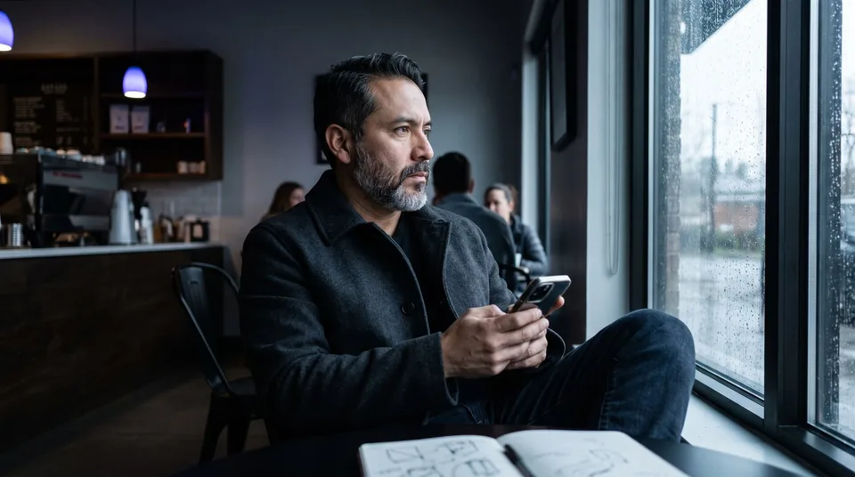 A man in a cafe holding a smartphone, looking thoughtful about his digital strategy.