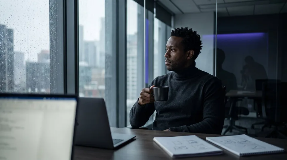 A man in a dark turtleneck looks thoughtfully out a window in a moody office.
