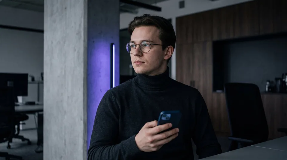 A man in a dark turtleneck thoughtfully holding a smartphone in a modern office.