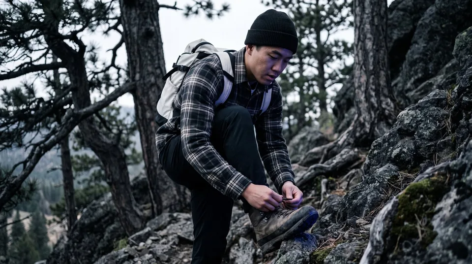 A man in a flannel shirt crouching on a rocky trail to adjust his rugged hiking boots.
