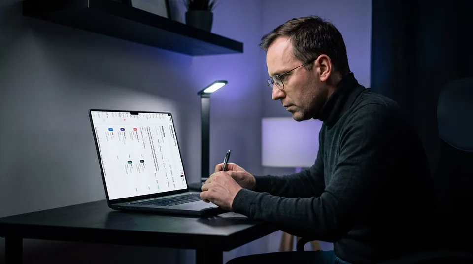 A man in a home office reviewing his social media publishing history on a laptop.