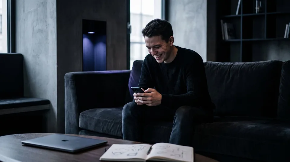A man laughing while typing on his phone on a velvet sofa.