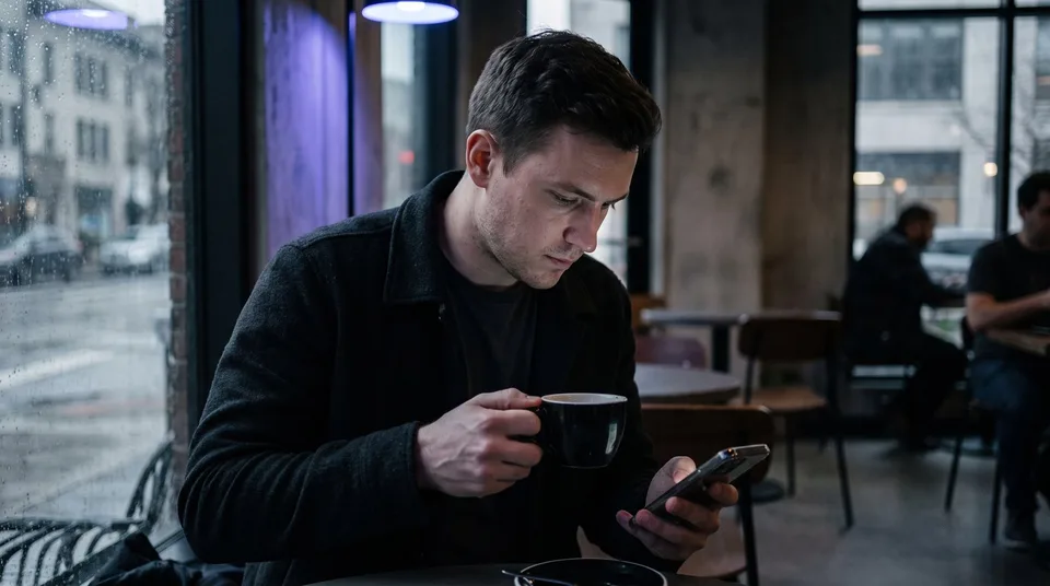 A man looking intently at his phone in a moody cafe setting.