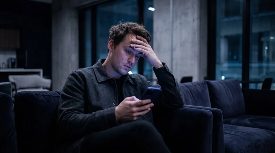 A man looking overwhelmed while scrolling on his smartphone in a dimly lit room.