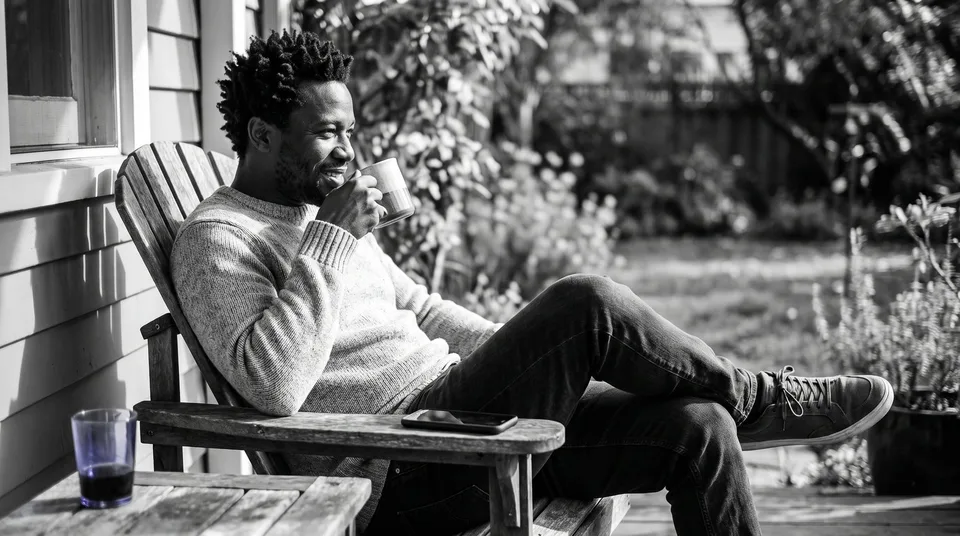 A man relaxing on a porch with his phone placed face down on the table.