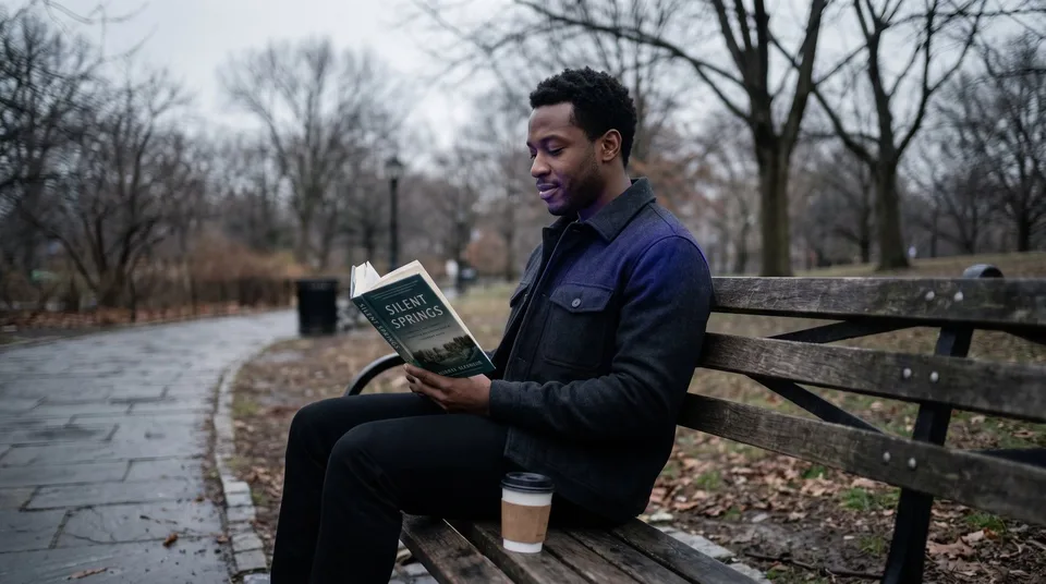 A man taking a screen-free lunch break reading a book on a park bench.