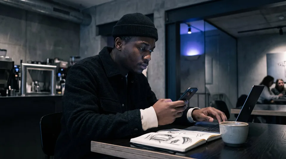 A man thoughtfully typing on his smartphone in a modern, dimly lit cafe.