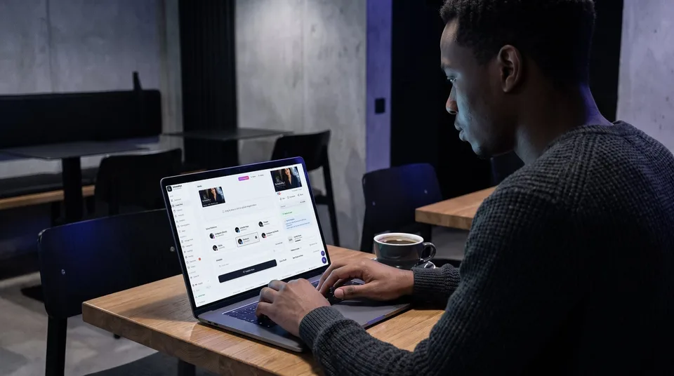 A man using the SchedulifyX post composer on a laptop to schedule content.