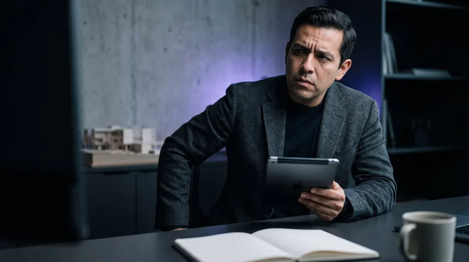 A marketing director in a moody office holds a tablet and thinks about strategy