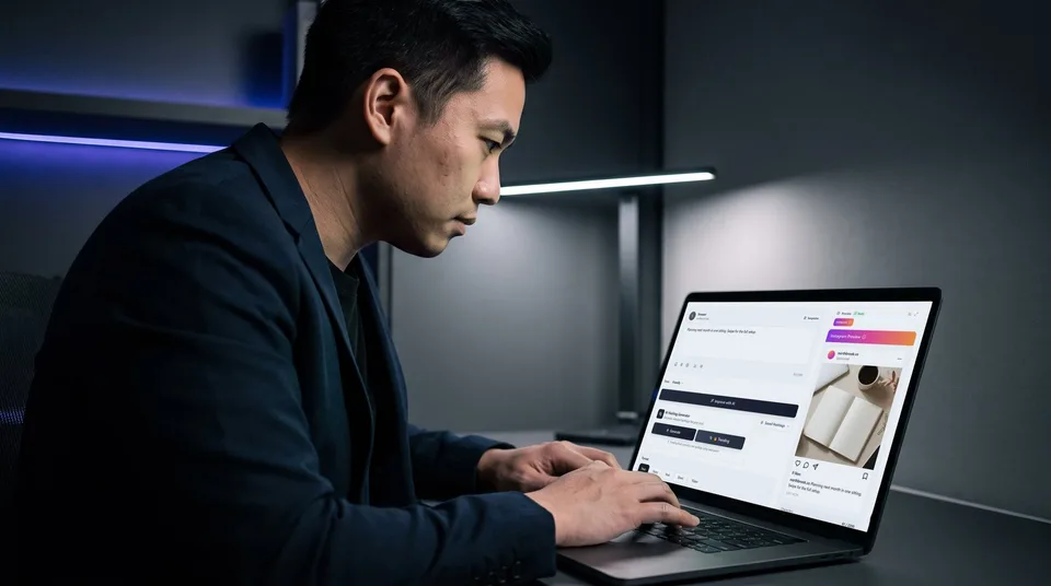 A marketing director scheduling Instagram Stories on a laptop.