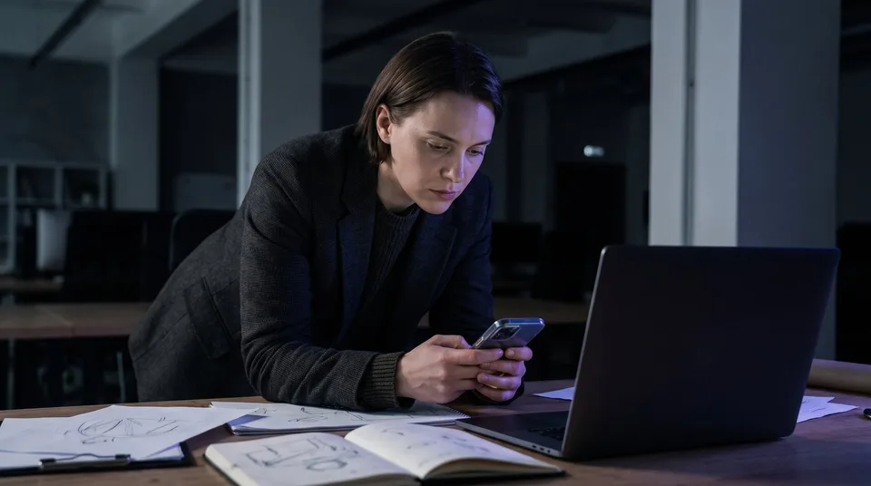 A marketing director thoughtfully reviews a social media post on a smartphone.