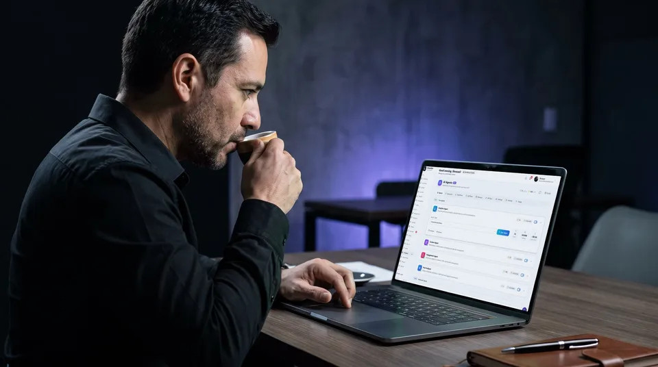 A marketing director uses SchedulifyX AI agents on a laptop in a dark, modern office.
