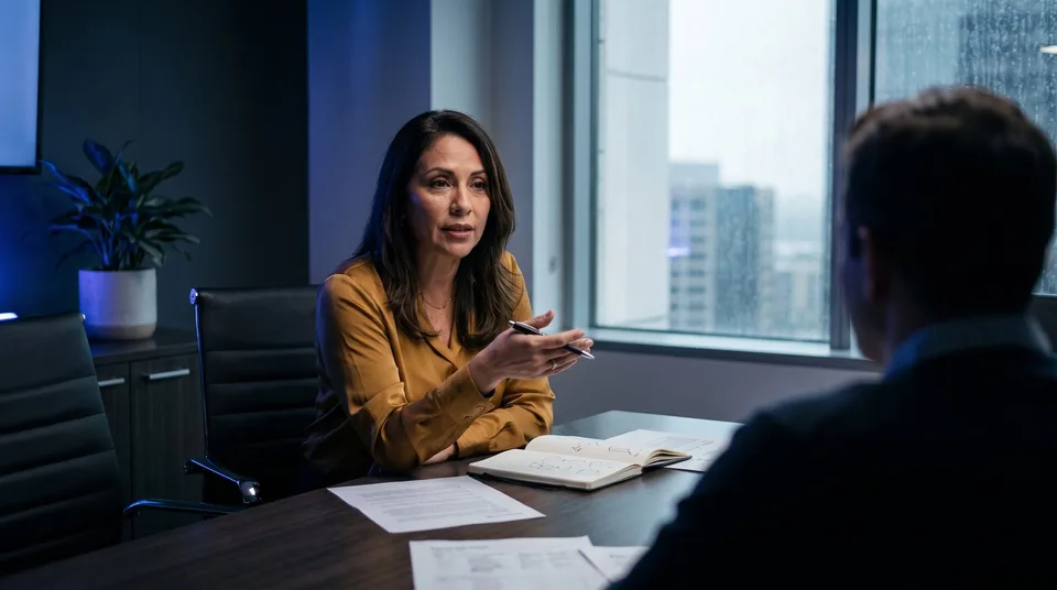 A marketing executive confidently discussing in-house strategy with her team in a modern boardroom.