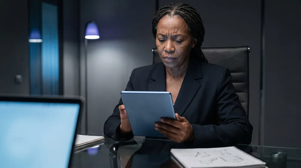 A marketing executive thoughtfully reading a tablet in a modern, dark office.