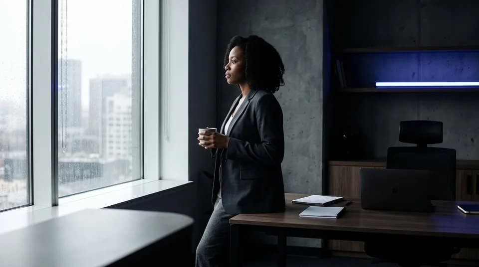 A marketing manager looks thoughtfully out of an office window.