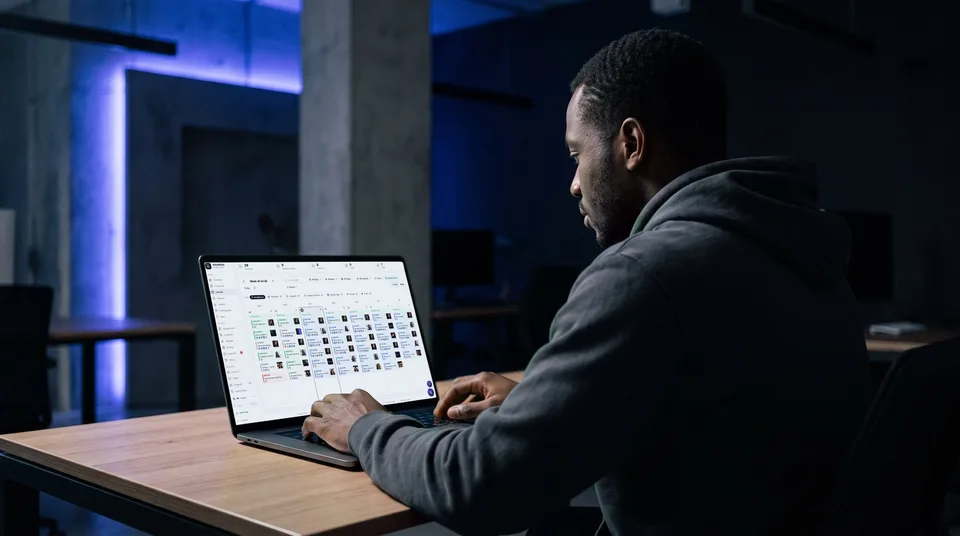 A marketing manager reviews a weekly content calendar on a laptop, showing scheduled posts across platforms.