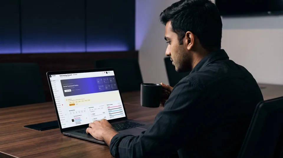 A marketing manager reviews the SchedulifyX dashboard on a laptop in a moody space.