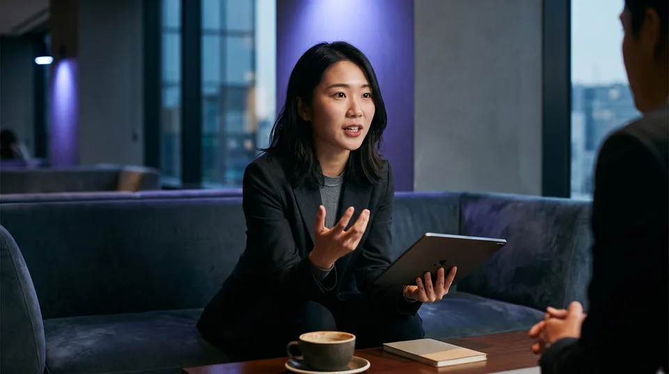 A marketing strategist enthusiastically explaining a concept to a colleague in a modern lounge.