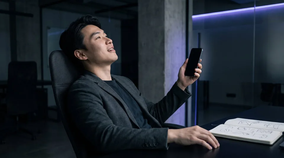 A marketing strategist looks relieved in a modern office.
