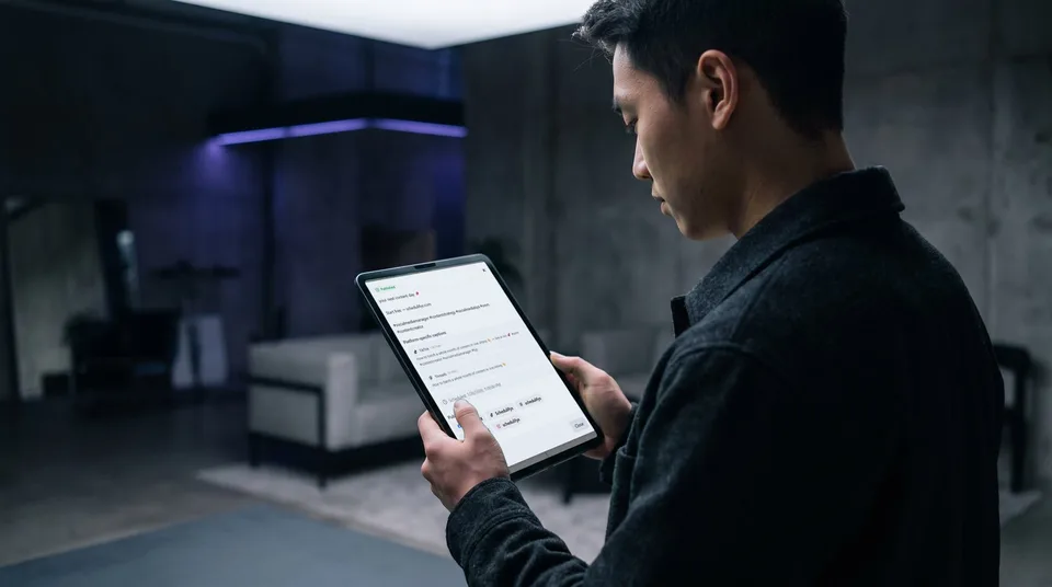 A person holding a tablet showing a post's detail view with separate platform-specific captions for TikTok and Threads.
