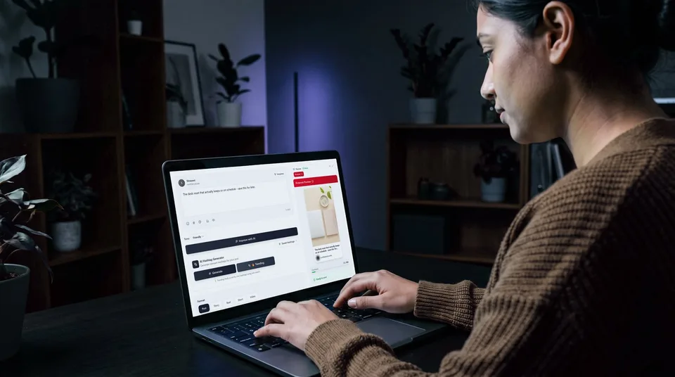 A person using SchedulifyX to write a Pinterest description with a live pin preview.