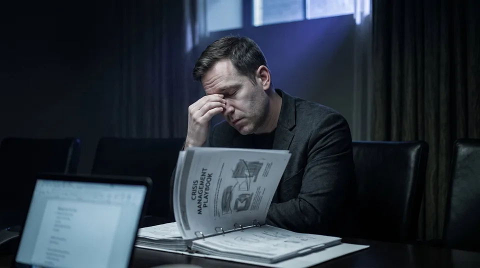 A PR manager looking thoughtful while reviewing a crisis management playbook in a moody conference room.