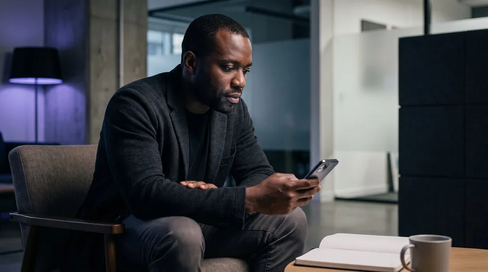 A professional man looking intently at his smartphone in a modern office lounge.