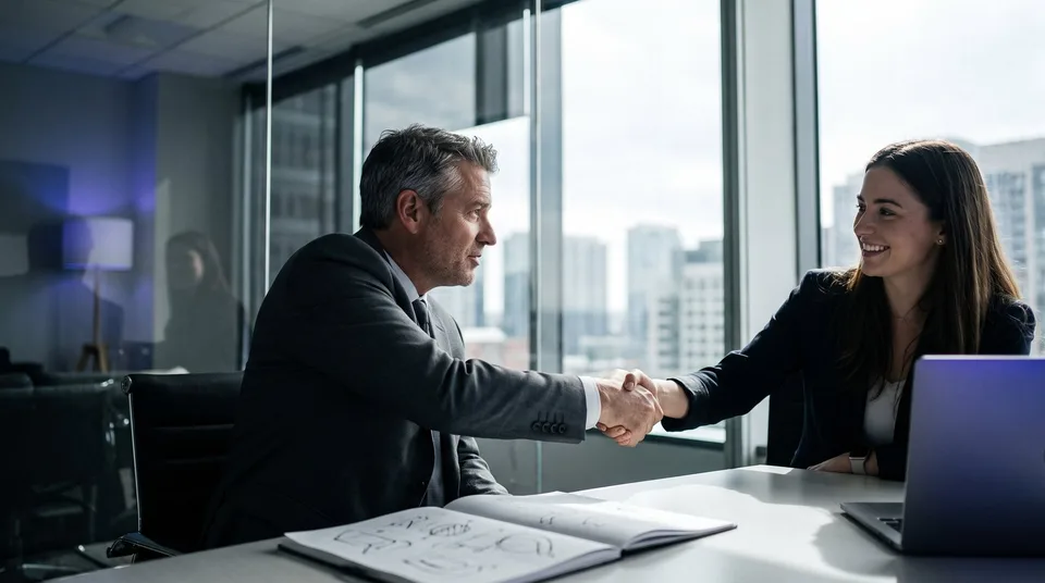 A real estate agency director shaking hands with a team member in a sunlit conference room.