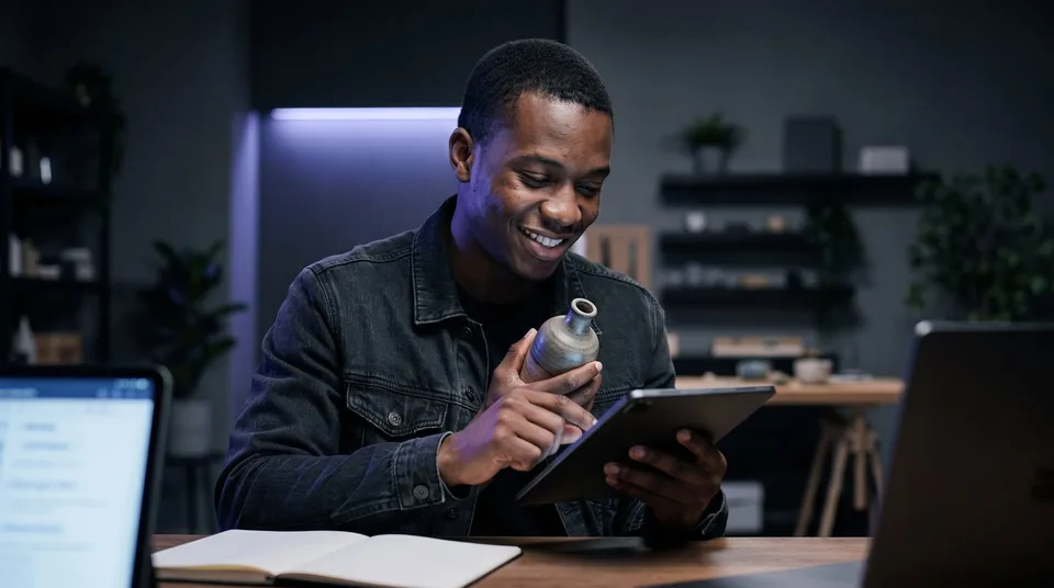 A smiling business owner holding a product sample while using a tablet in a moody, modern studio.