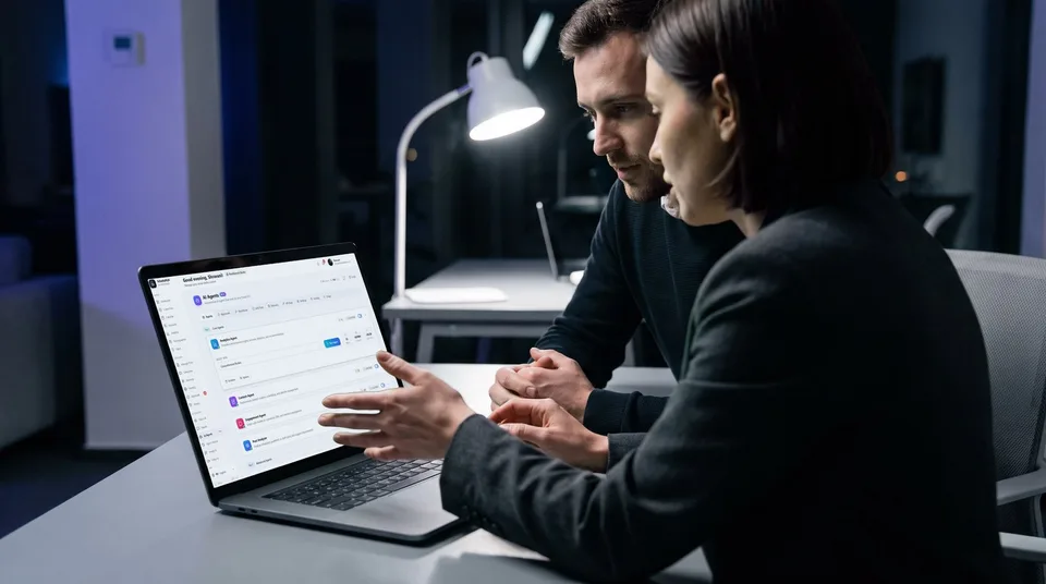 A social media director and a colleague reviewing AI agents on a laptop.