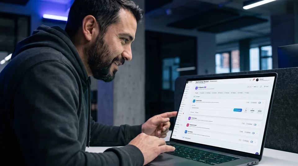 A social media manager in a modern office uses SchedulifyX's AI agents to generate content.