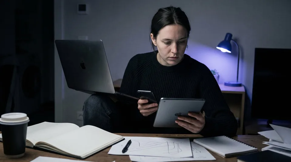 A social media manager using a laptop, tablet, and smartphone at a desk.