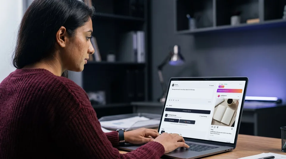 A social media manager using an AI hashtag generator on a laptop to select highly relevant tags.