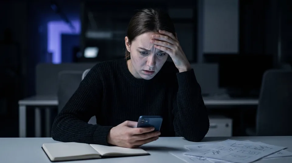 A stressed social media manager looks anxiously at her smartphone in a dark office.