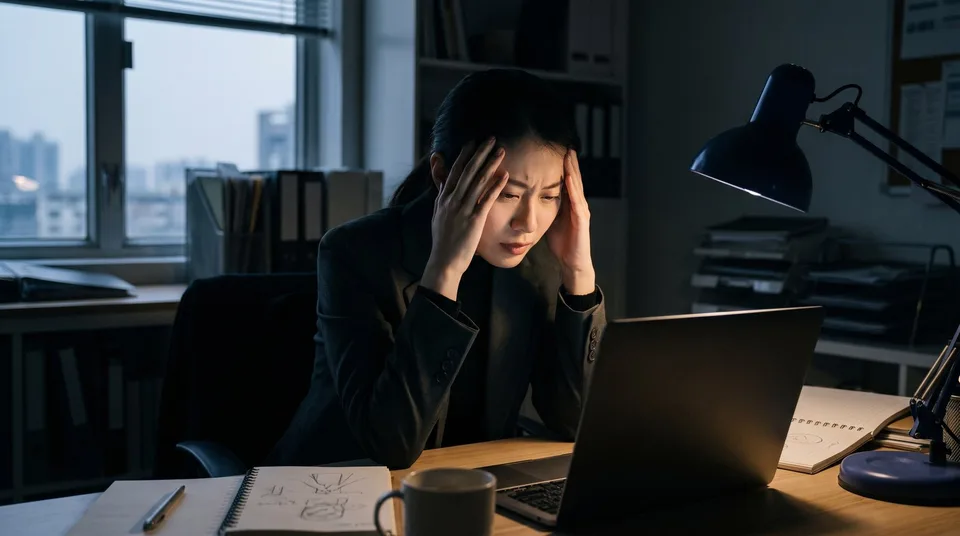 A stressed woman looking at a laptop in a dark office.
