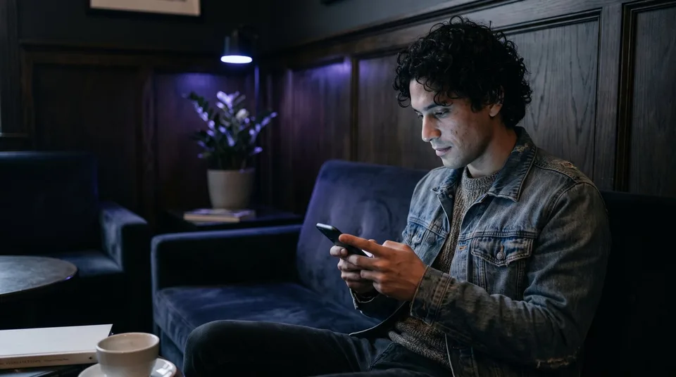 A stylish young Hispanic man in a dimly lit cafe sitting on a velvet sofa, focused on swiping through content on his smartphone.