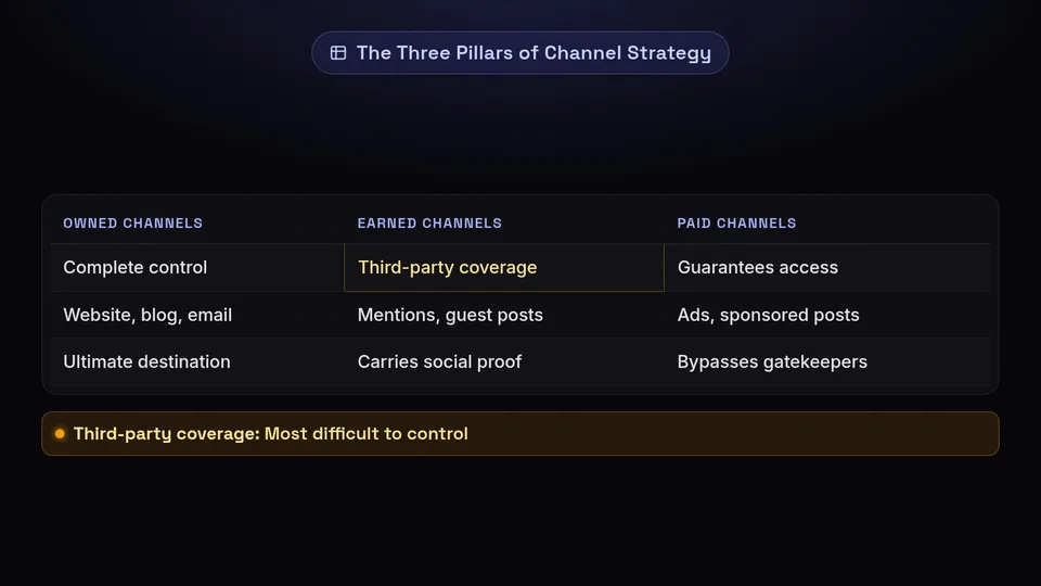 A table breaking down the three pillars of channel strategy: owned, earned, and paid channels.