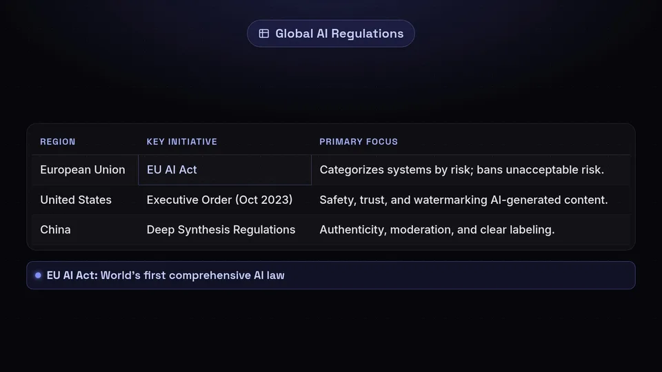 A table comparing AI regulations in the EU, US, and China.