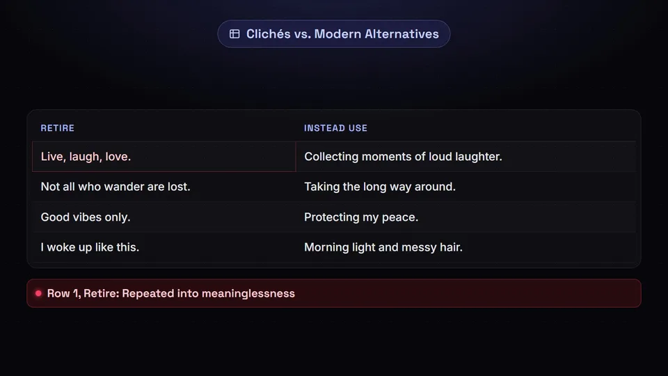 A table comparing overused cliché quotes with specific, modern alternatives.
