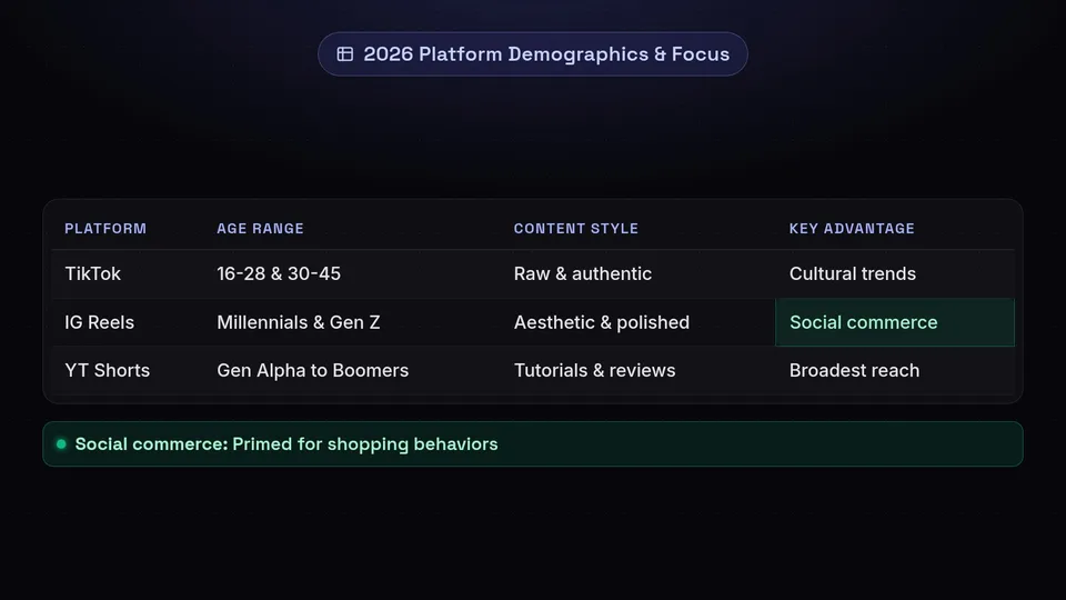 A table comparing the demographics, content style, and key advantages of TikTok, Instagram Reels, and YouTube Shorts.