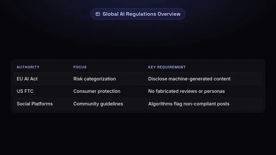 A table comparing the EU AI Act, US FTC guidelines, and global social platform rules.