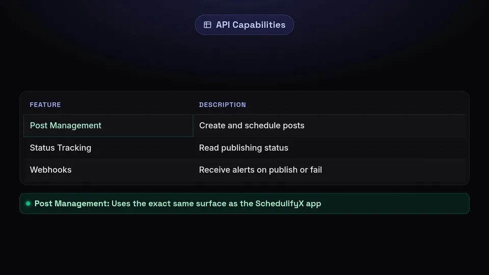 A table listing API capabilities: Post Management, Status Tracking, and Webhooks.