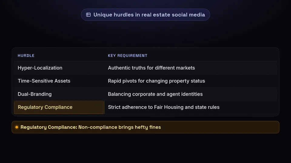 A table listing four real estate hurdles: hyper-localization, time-sensitive assets, dual-branding, and regulatory compliance.