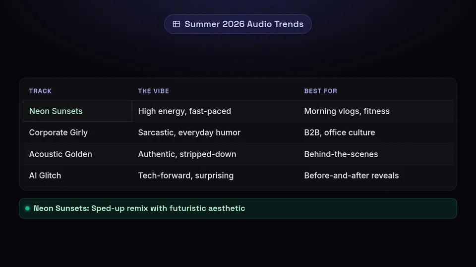 A table listing four trending audio tracks, their vibes, and their best use cases.